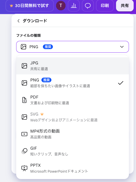 ダウンロードのファイルの種類の一覧。JPG、PNG推奨、PDF、王冠付きのSVG、MP4、GIF、PPTX