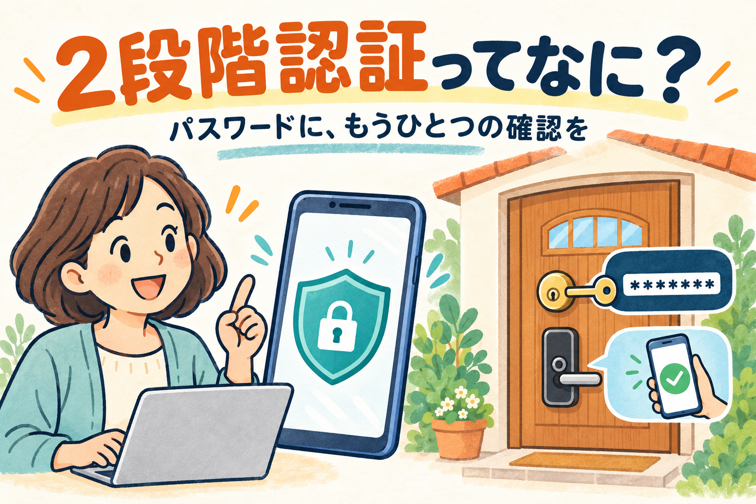 2段階認証ってなに？パスワードに、もうひとつの確認を。パスワードの鍵とスマホの確認、2つの鍵がついた玄関のイラスト